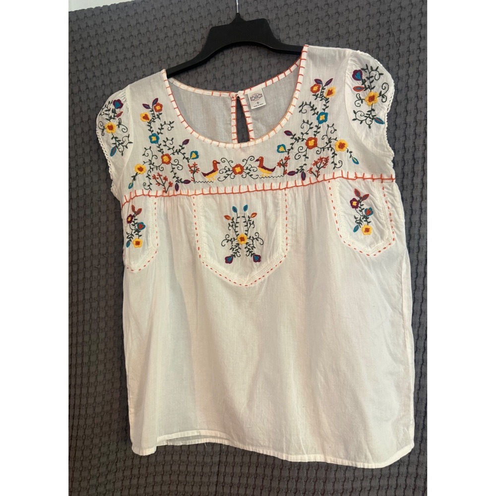 Bila Embroidered Blouse Womens S White Excellent Boho Floral Bird Peasant Top